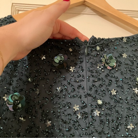 HAND-BEADED 3D FLORAL BLOUSON LONG GOWN IN DUSTY EMERALD - Picture 5 of 8